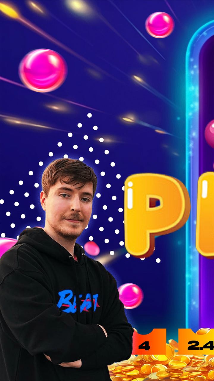 A dynamic Plinko game screen with a blue and purple gradient background, pink balls in motion, white polka dots, and the letters 'PI' in bold yellow. Gold coins are visible at the bottom, along with a person in a black hoodie crossed-armed.